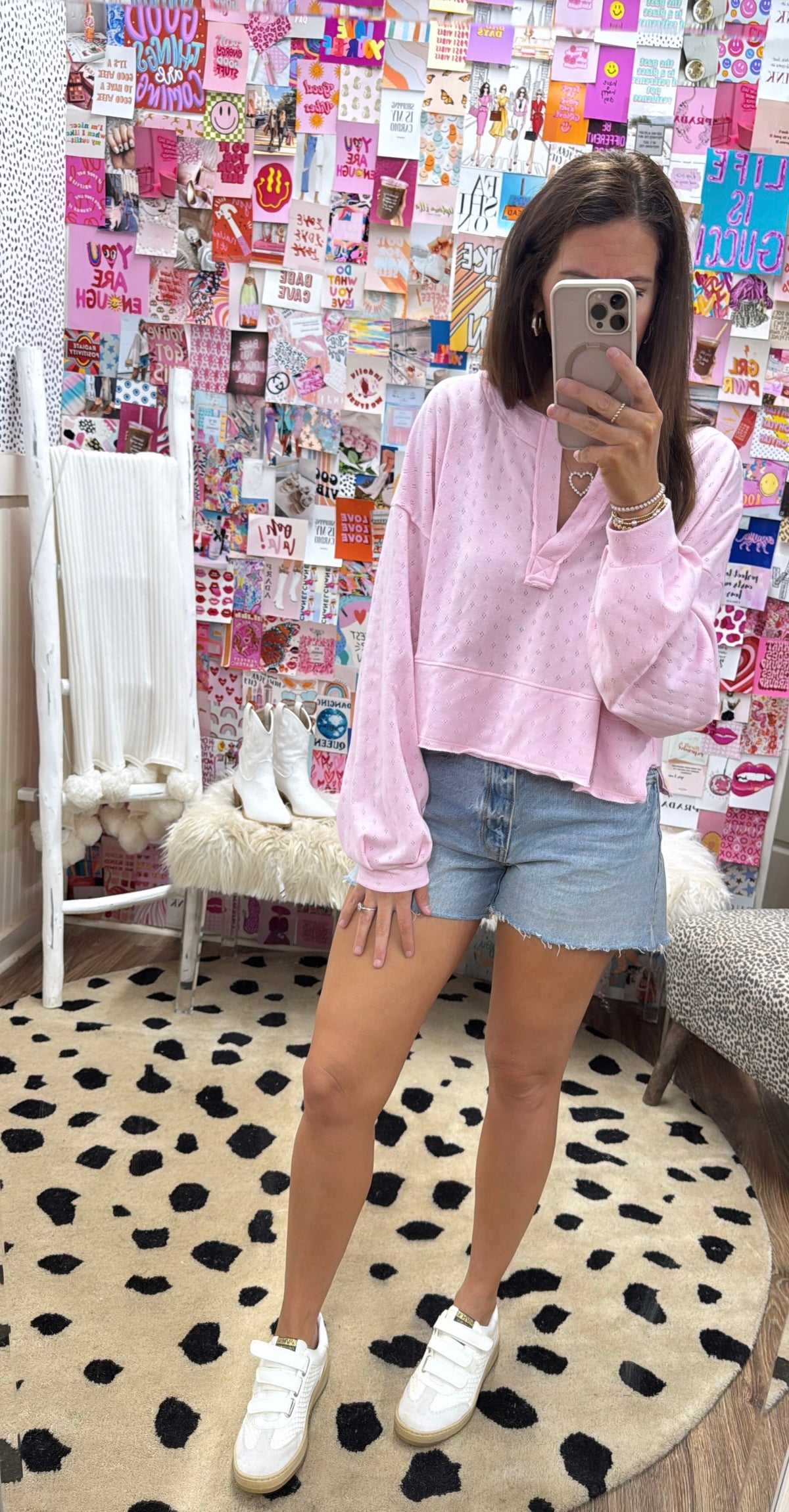 PINK PLACKET VNECK TOP