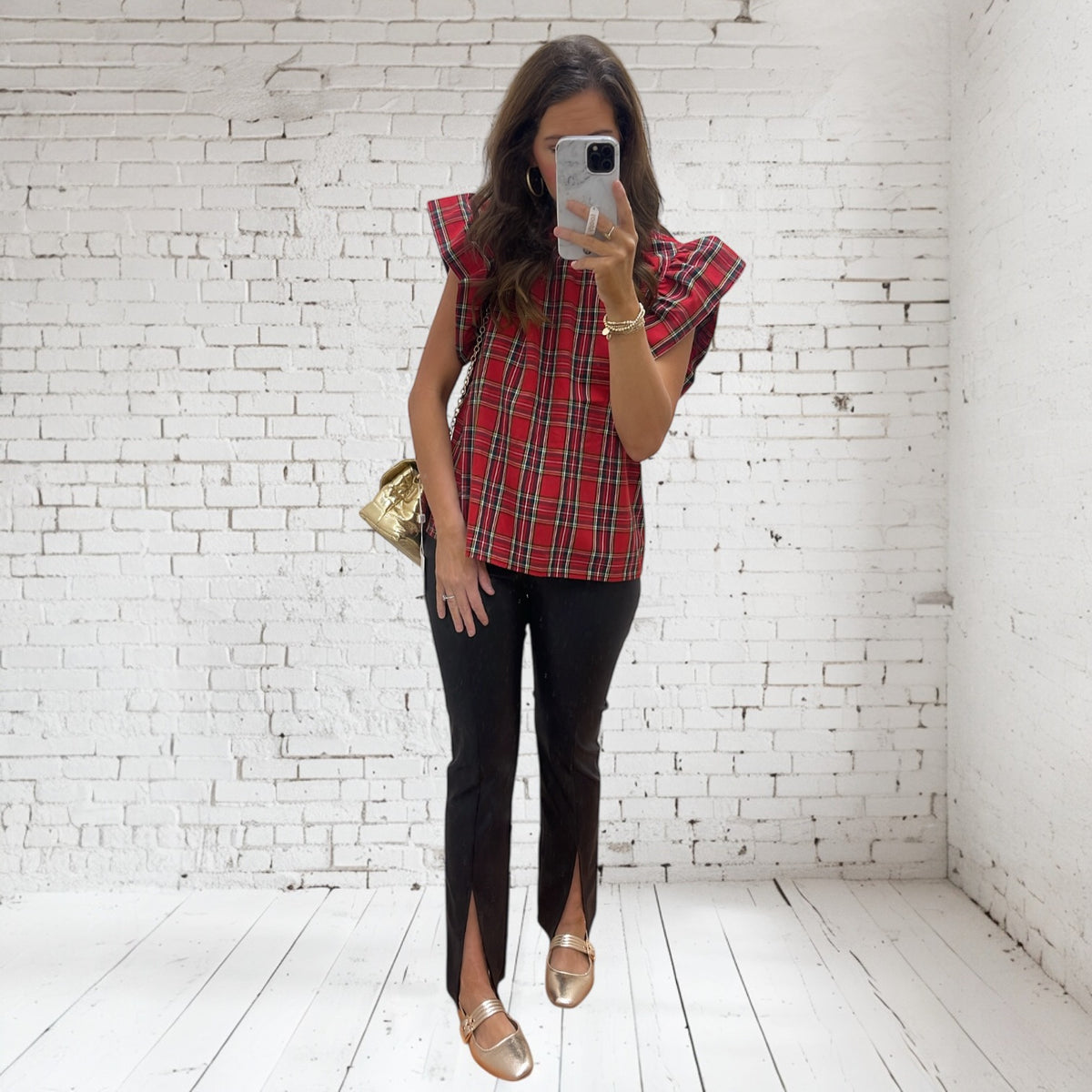RED PLAID RUFFLED SLV TOP