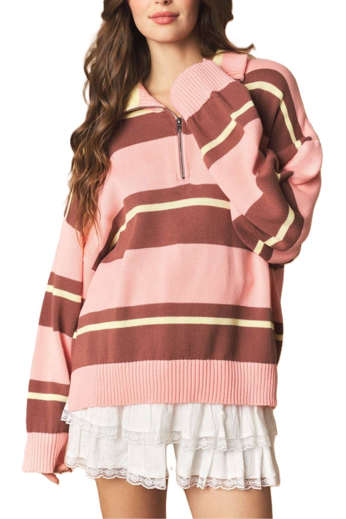 PINK STRIPE COLAR KINT SWEATER
