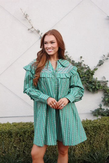 GREEN FLORAL STRIPE PETER PAN DRESS