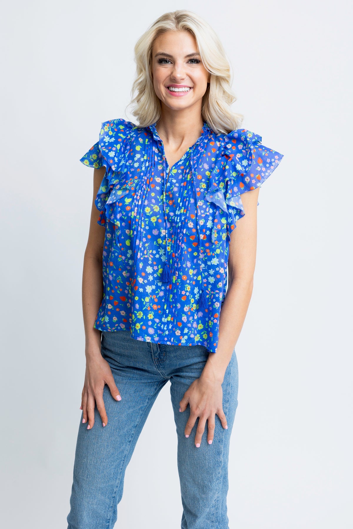 BLUE SUMMER VNECK RUFFLE TOP