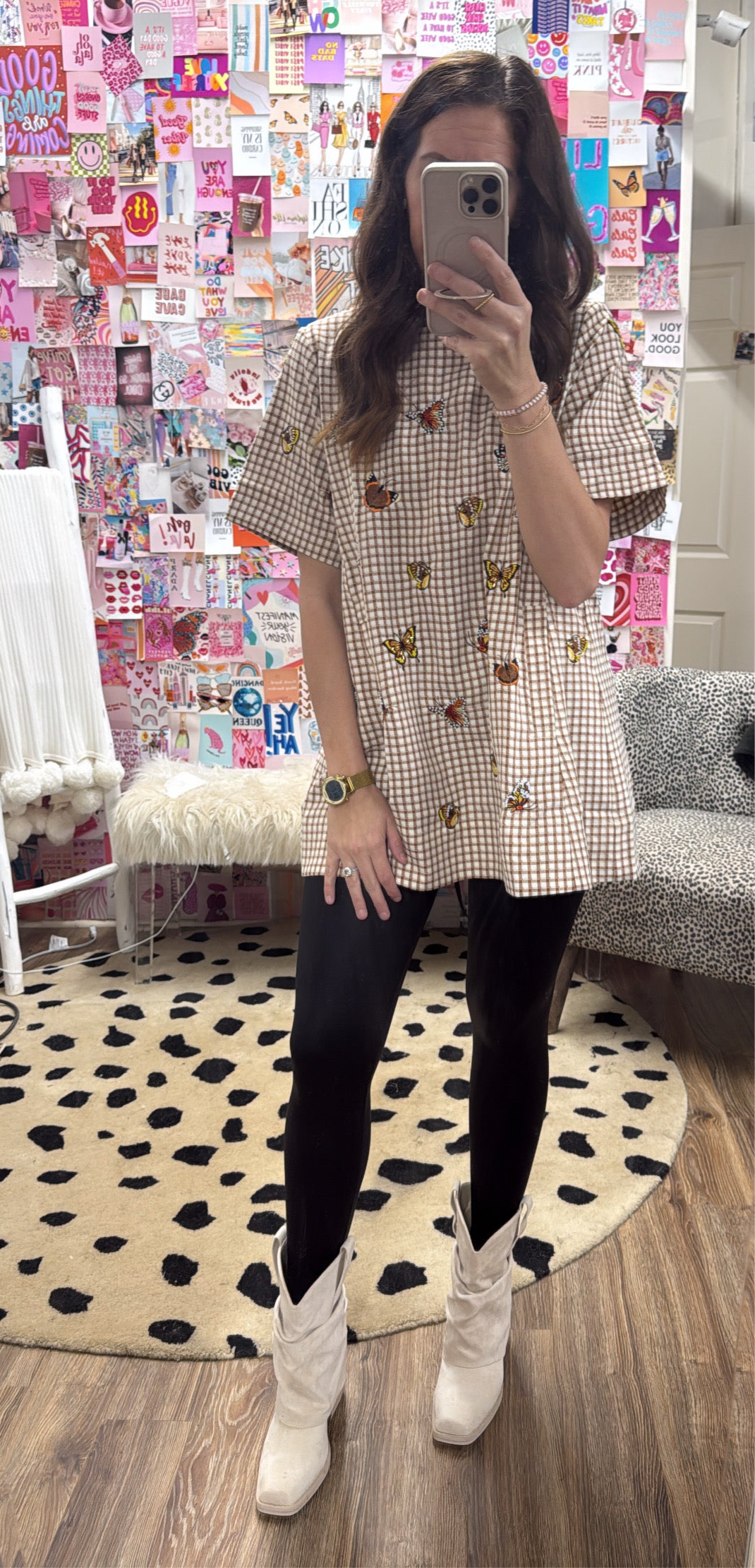 BROWN PLAID BUTTERFLY SHORT SLV DRESS