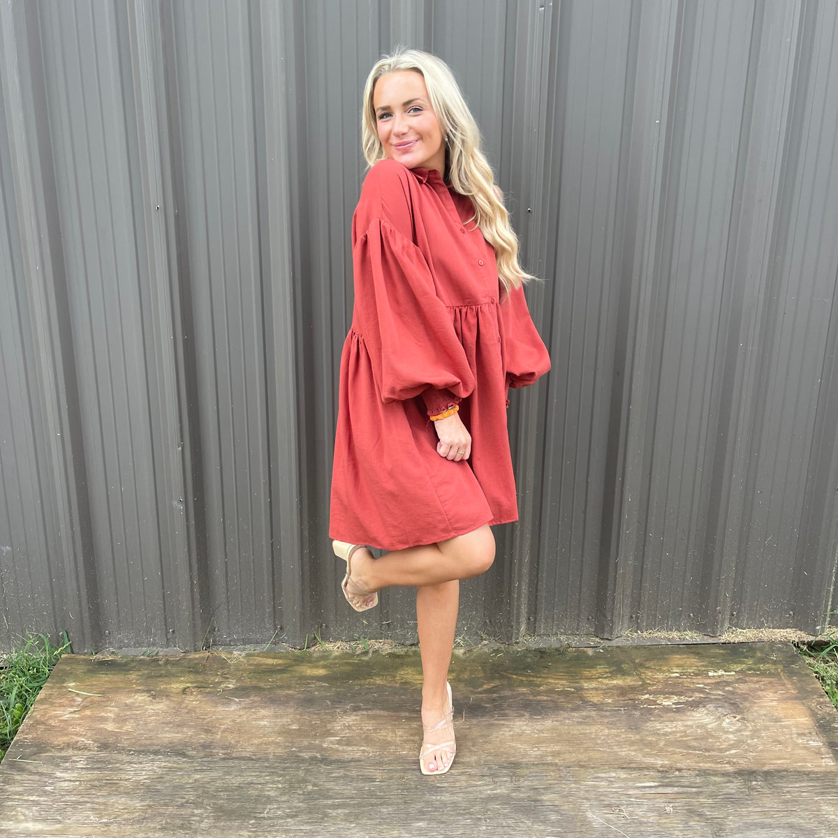 RUST TEXTURE COLLARED BUTTON DRESS