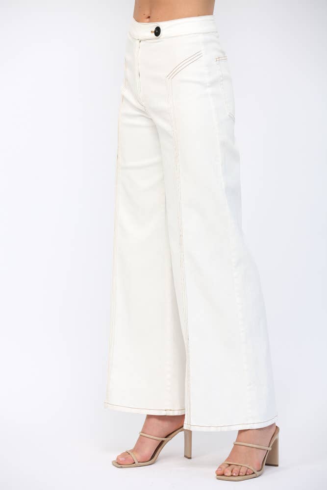CREAM TOPSTITCHING HIGH-WAISTED FLARE DENIN