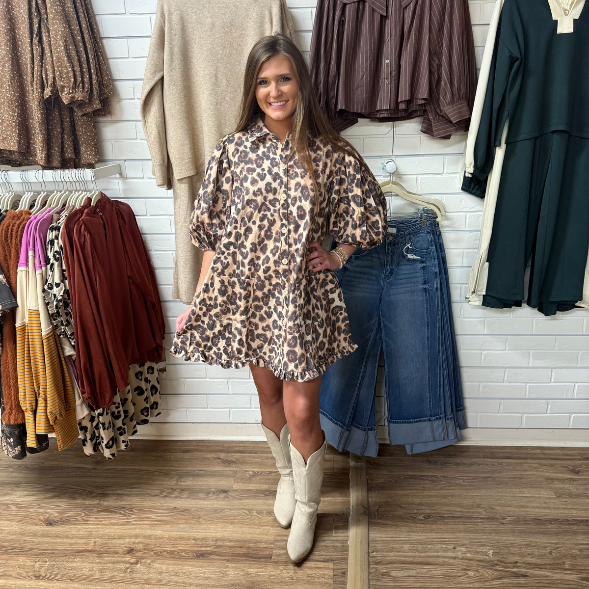 LEOPARD RUFFLE DENIM DRESS