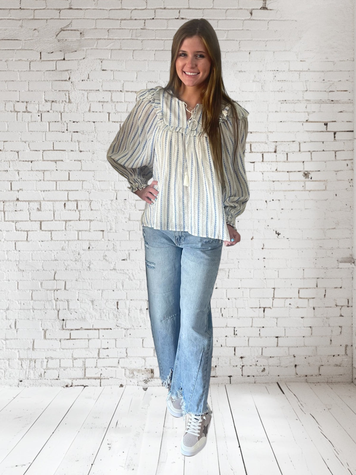 STRIPE NEUTRAL RUFFLE VNECK TOP- FINAL SALE