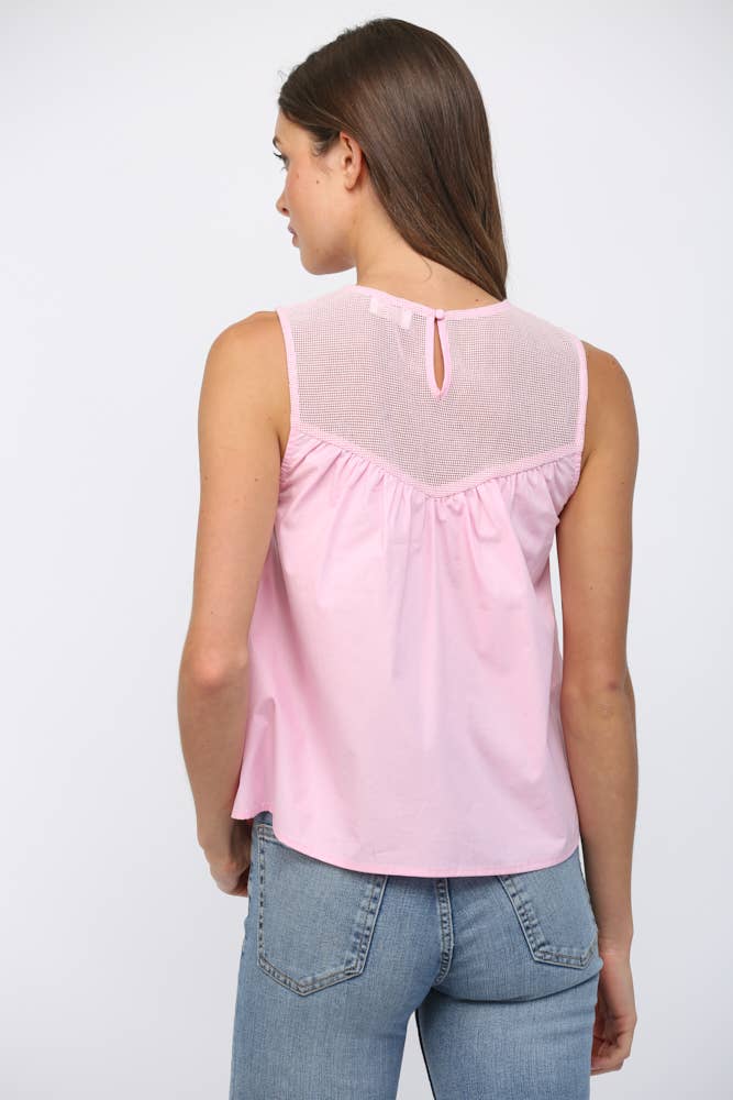 PINK MESH LACE TRIMMED TOP