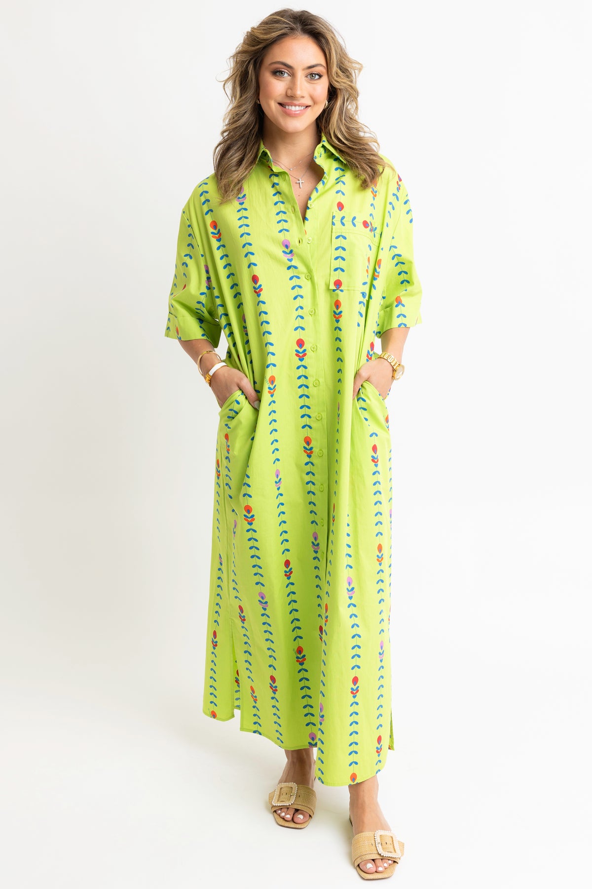 LIME FLORAL VINE MAXI SHIRT DRESS