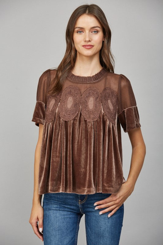 BROWN VELVET LACE BABYDOLL TOP