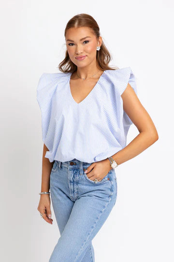 BLUE STRIPE BUBBLE POPLIN TOP