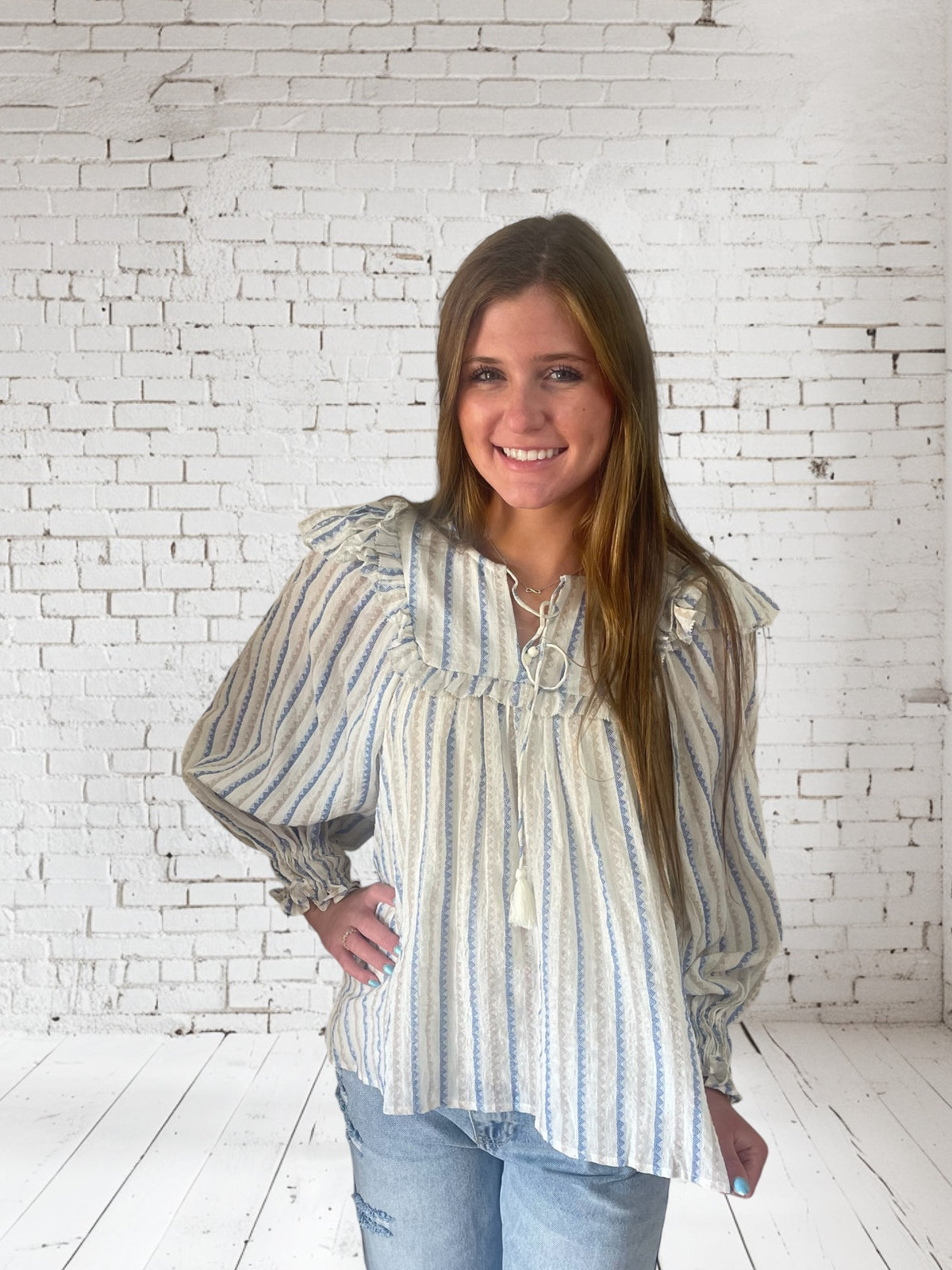 STRIPE NEUTRAL RUFFLE VNECK TOP- FINAL SALE