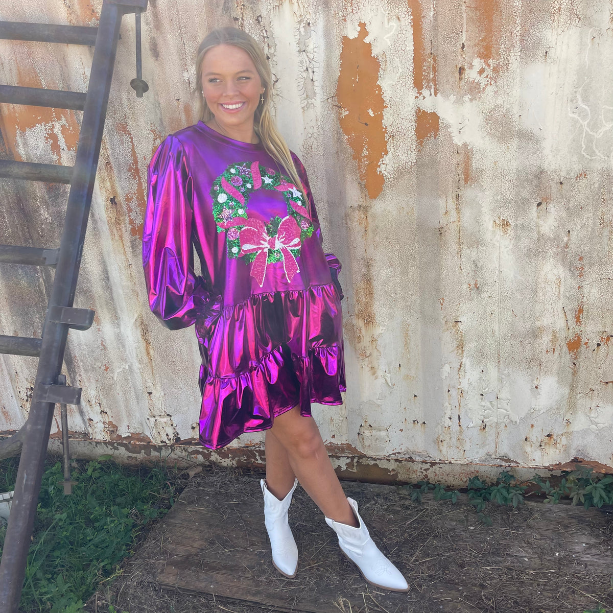 MAGENTA FOIL SEQUIN WREATH DRESS