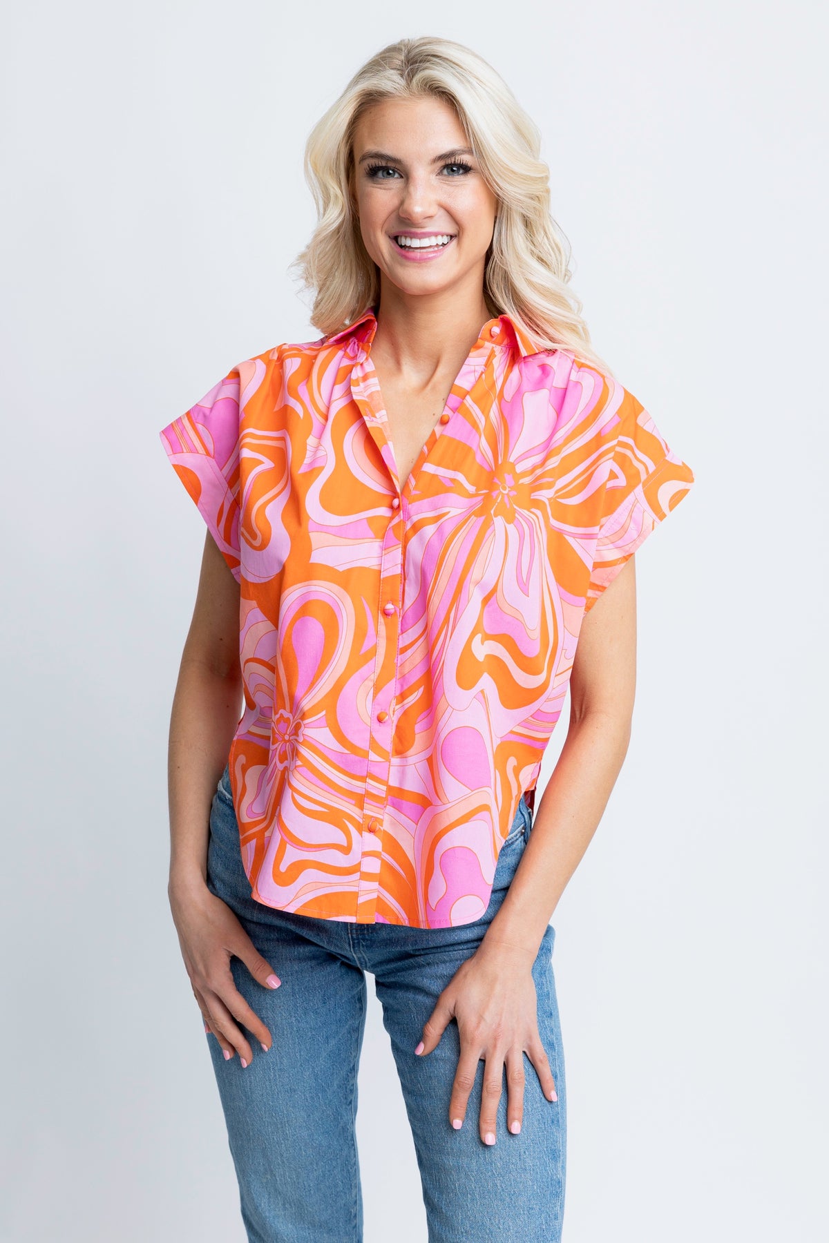 PINK FLORAL BUTTON CAP SLV TOP
