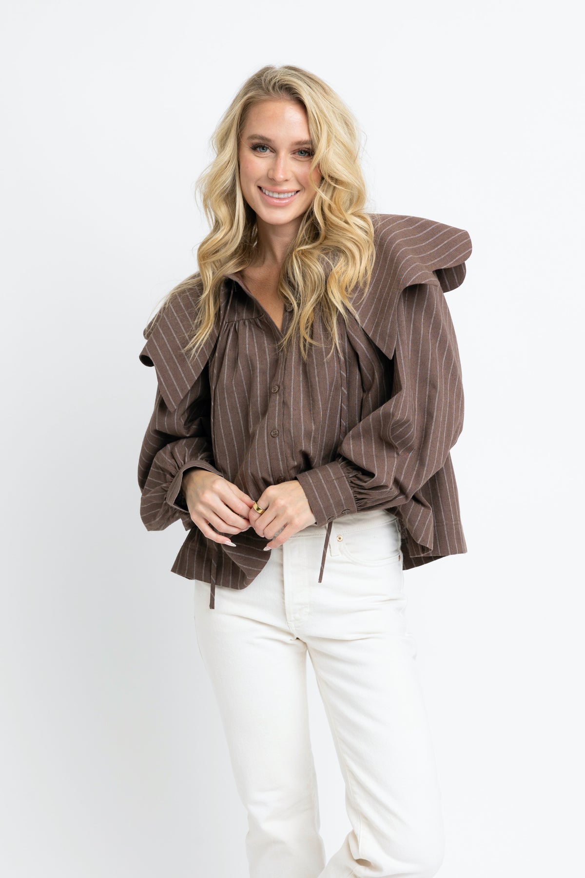 BROWN STRIPE PETER PAN COLLAR TOP