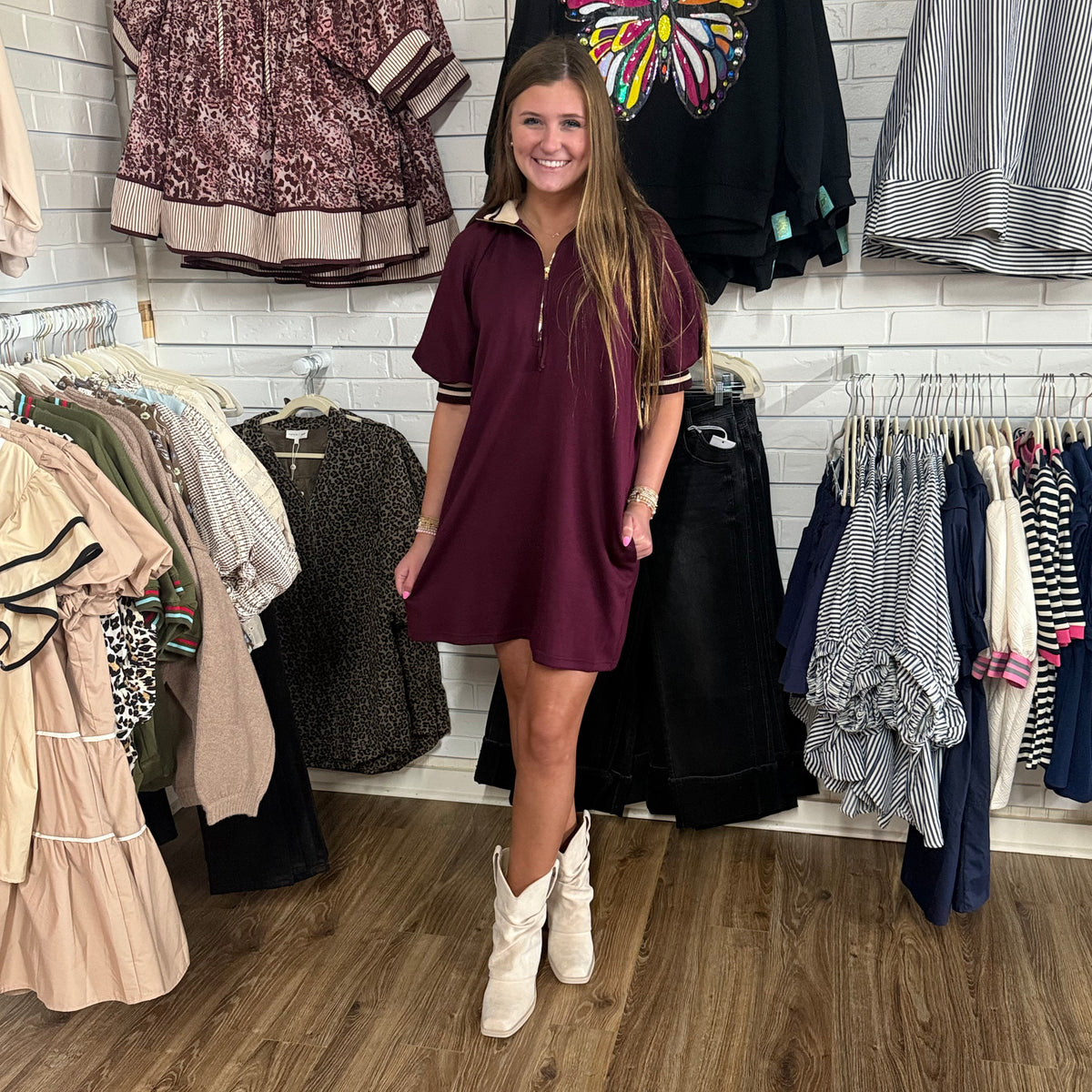 WINE RIBBED TRIM ZIP DRESS