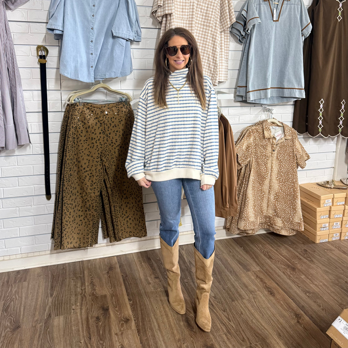 DENIM STRIPE MOCK NECK TOP