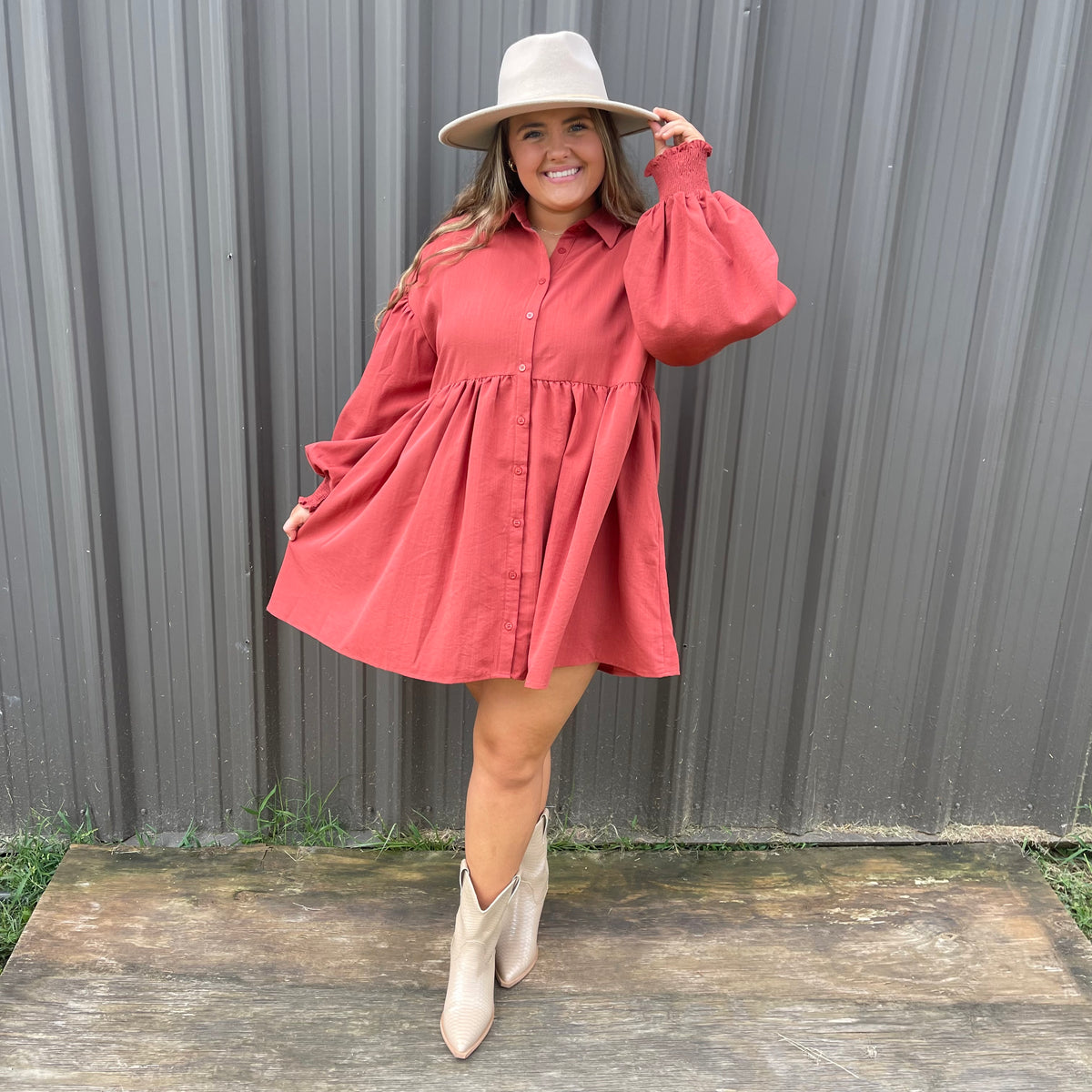 RUST TEXTURE COLLARED BUTTON DRESS