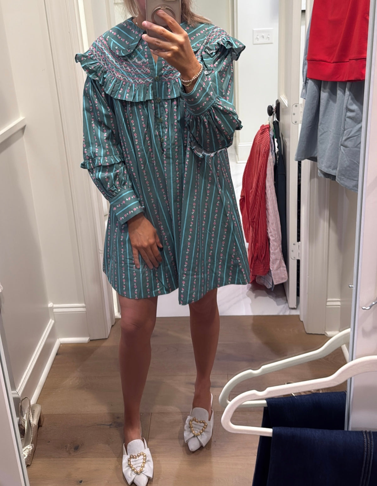 GREEN FLORAL STRIPE PETER PAN DRESS