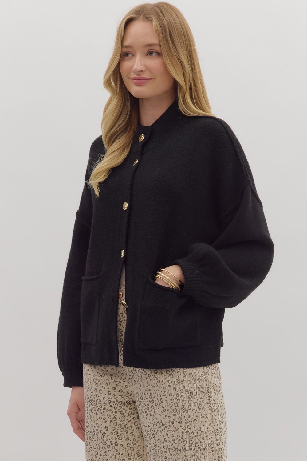 BLACK GOLD BUTTON KNIT CARDIGAN
