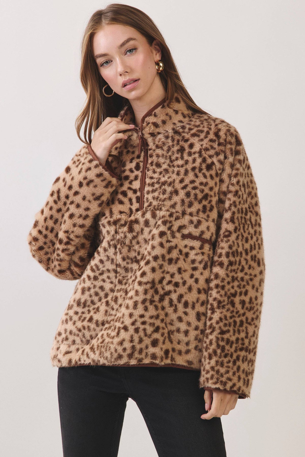 BROWN LEOPARD FAUX FUR PULOVER JACKET