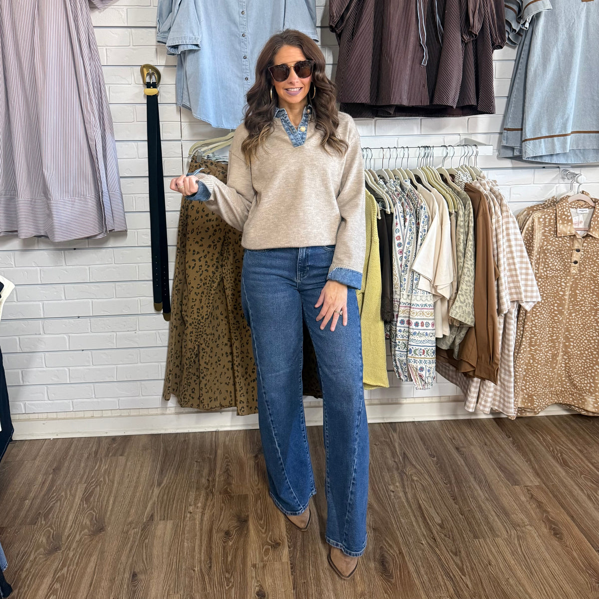 OATMEAL DENIM CONTRAST SWEATER