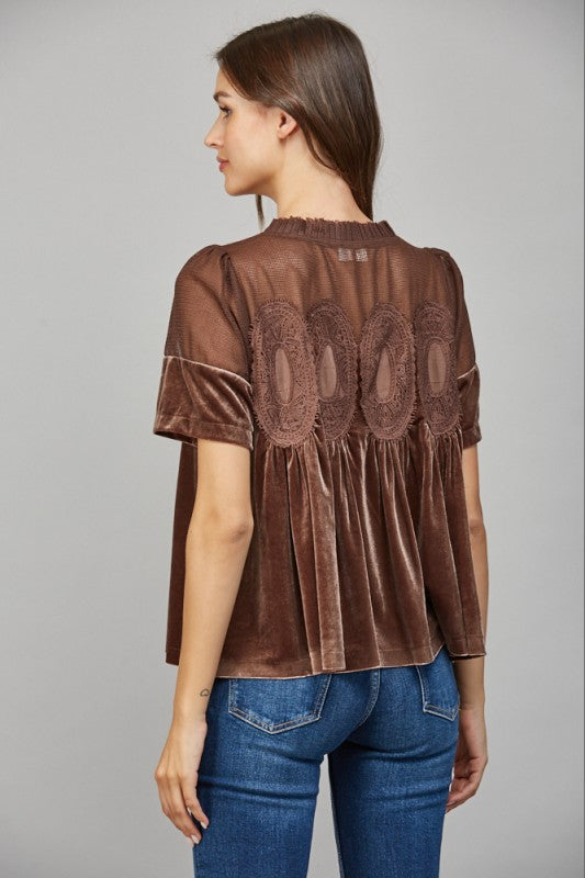 BROWN VELVET LACE BABYDOLL TOP