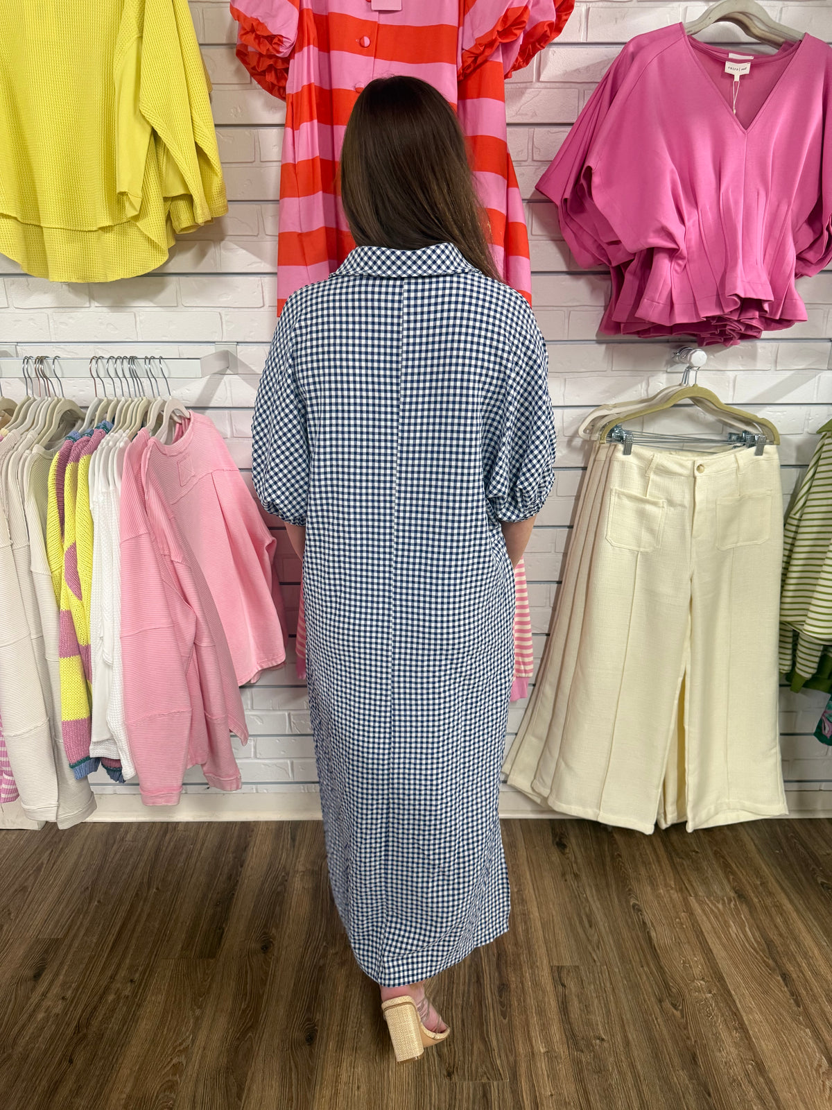 NAVY GINGHAM MIDI DRESS