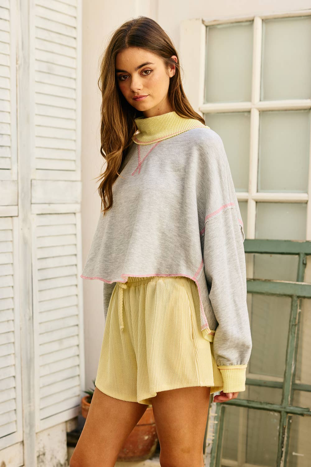 YELLOW RIBBED CAPE SWEATSHIRT