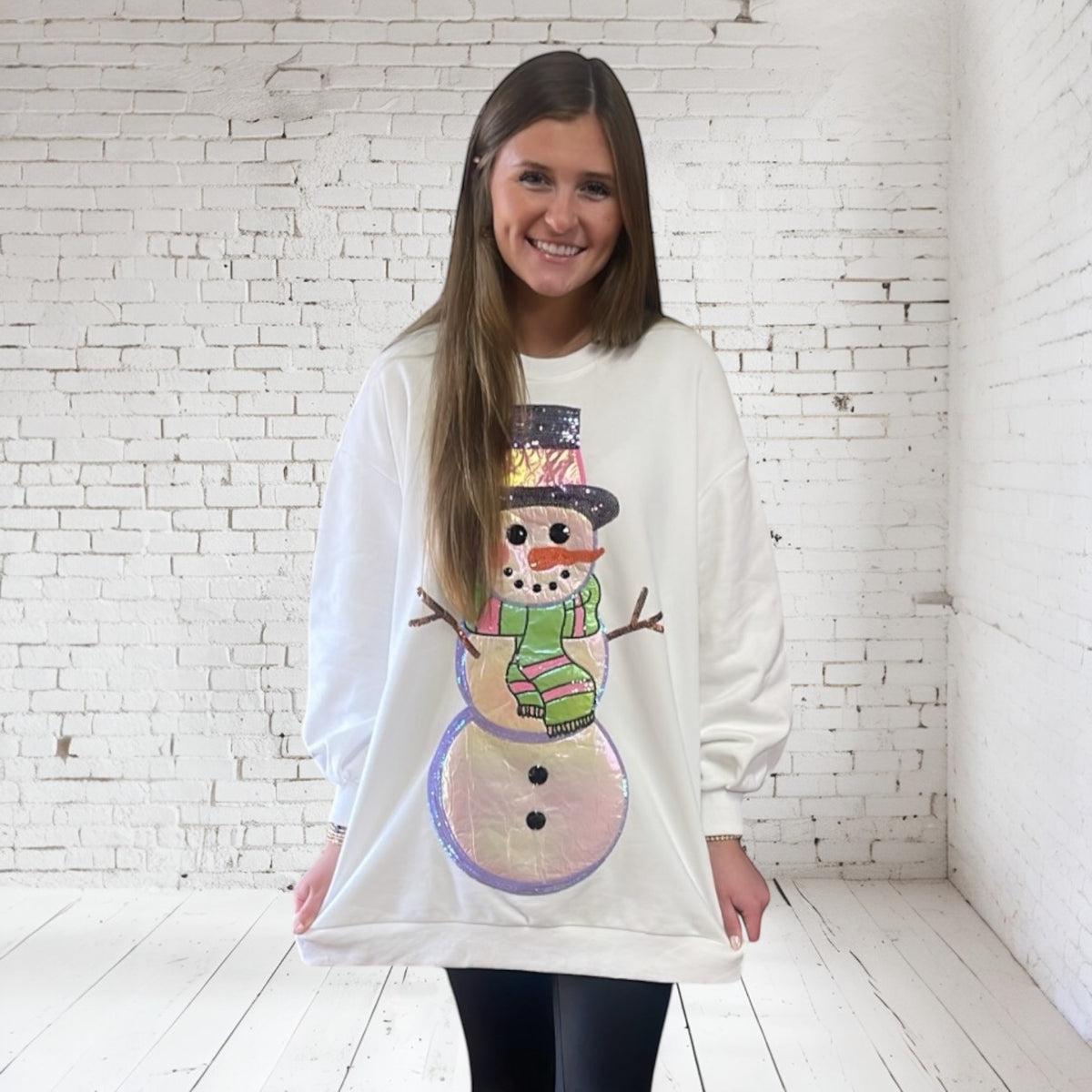 WHITE METALLIC OVERSIZED SNOWMAN SWEATSHIRT DRESS
