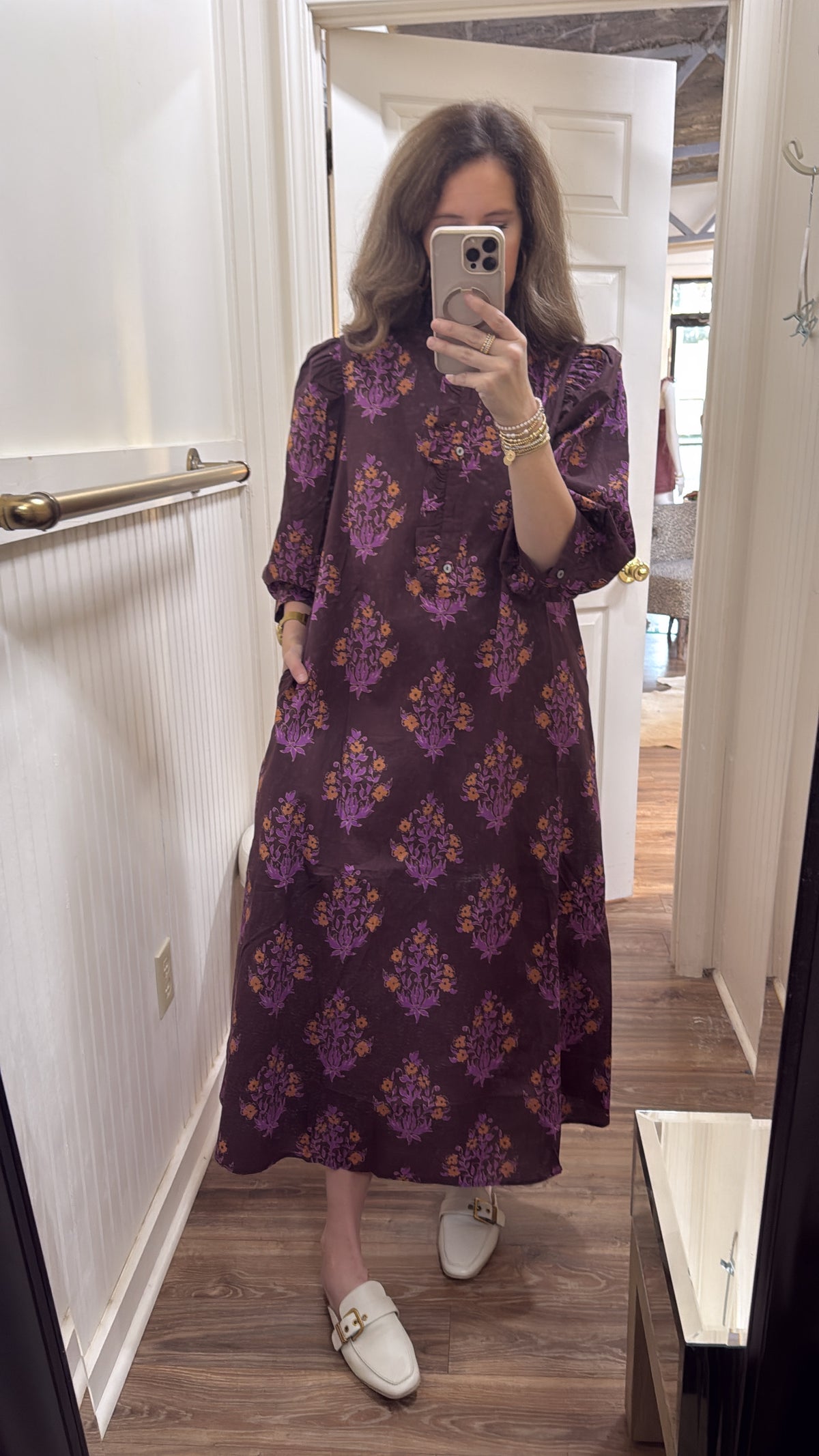 BROWN FLORAL RUFFLE TRIM MIDI