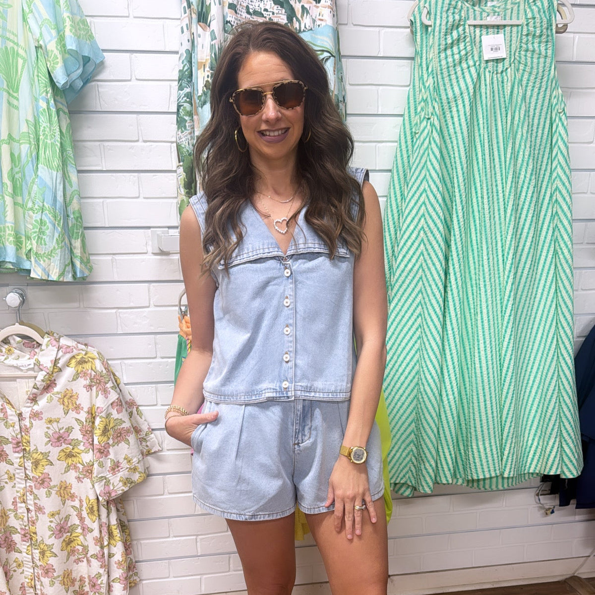 DENIM COLLAR TOP SHORTS SET