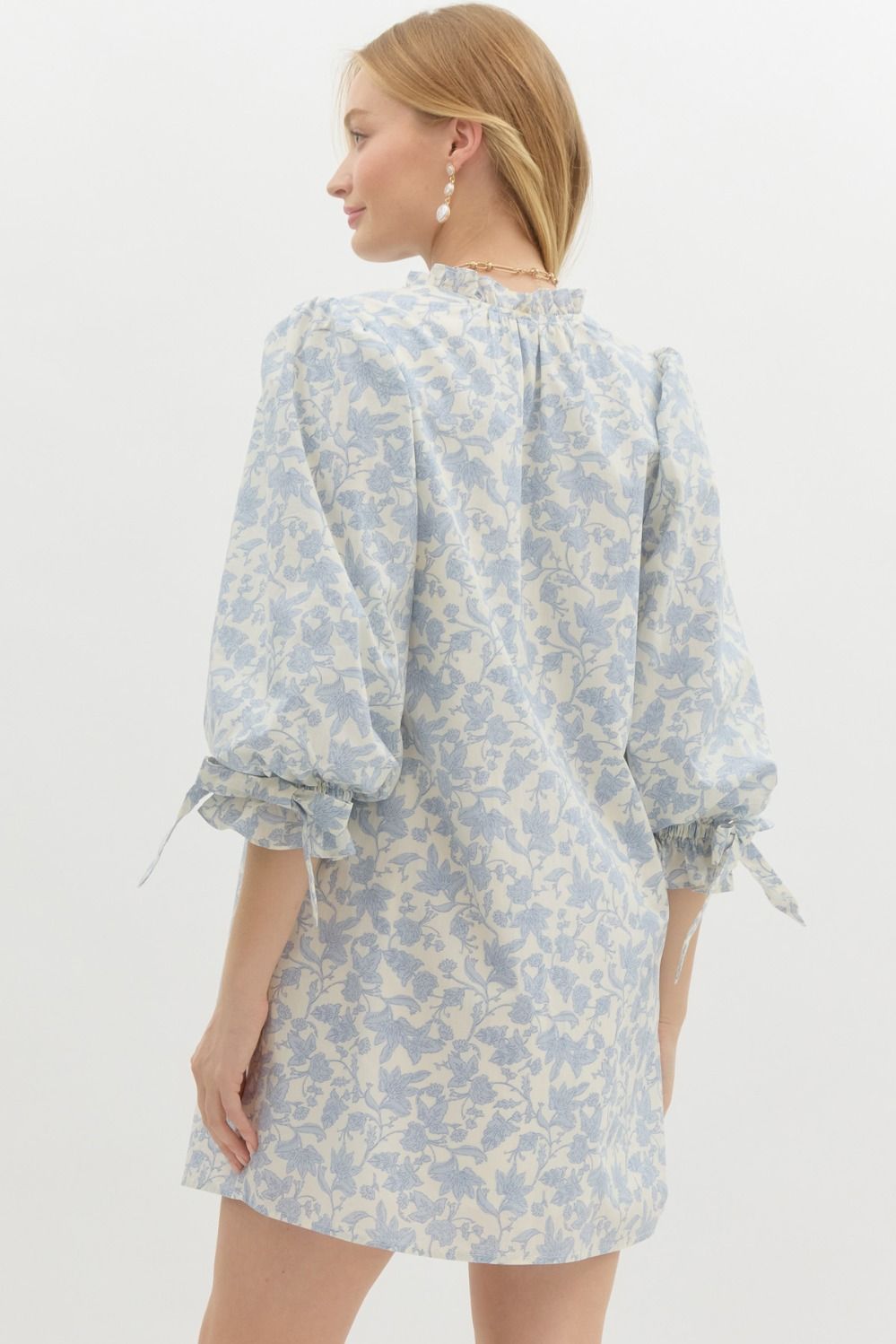 BLUE FLORAL ELASTIC PUFF SLV DRESS