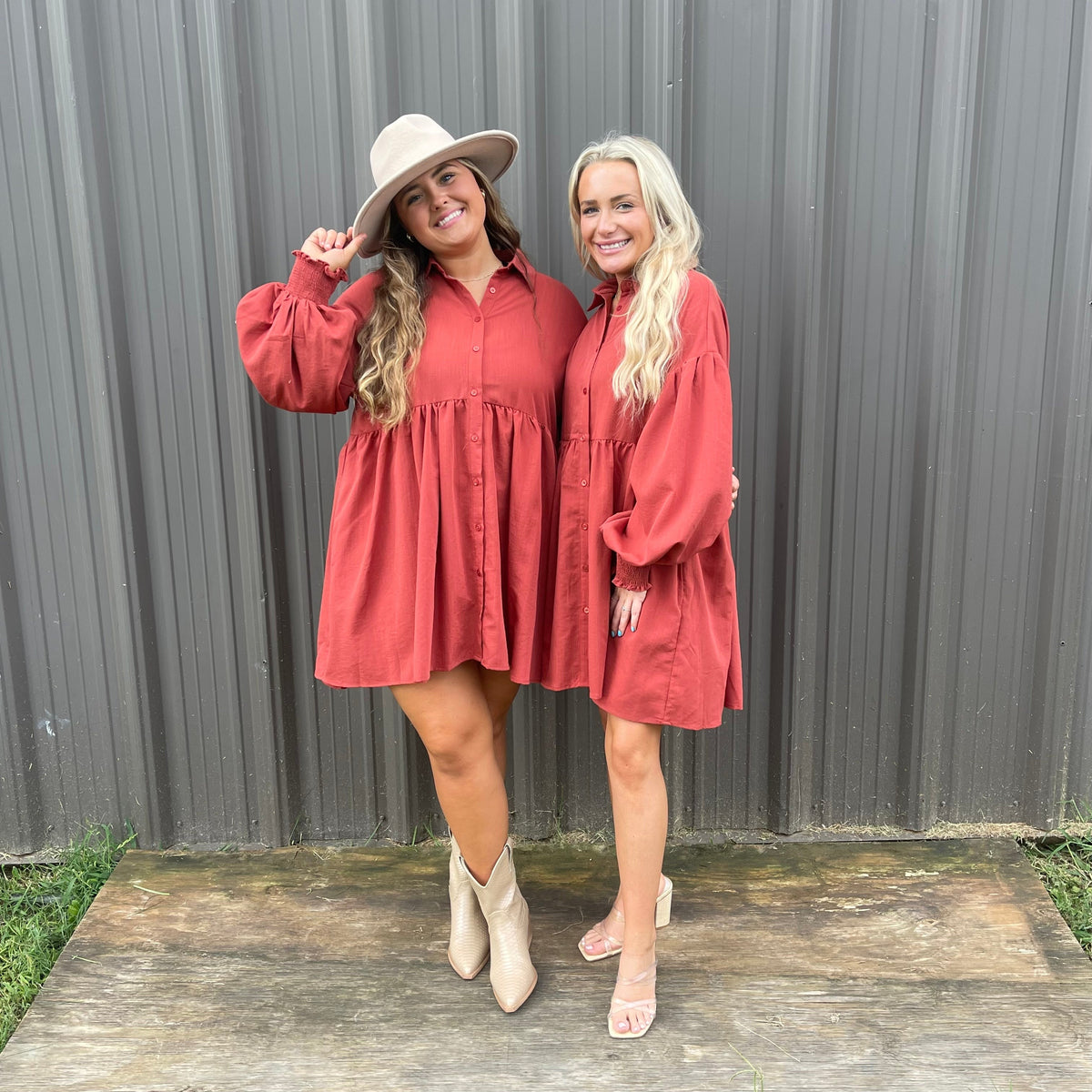 RUST TEXTURE COLLARED BUTTON DRESS