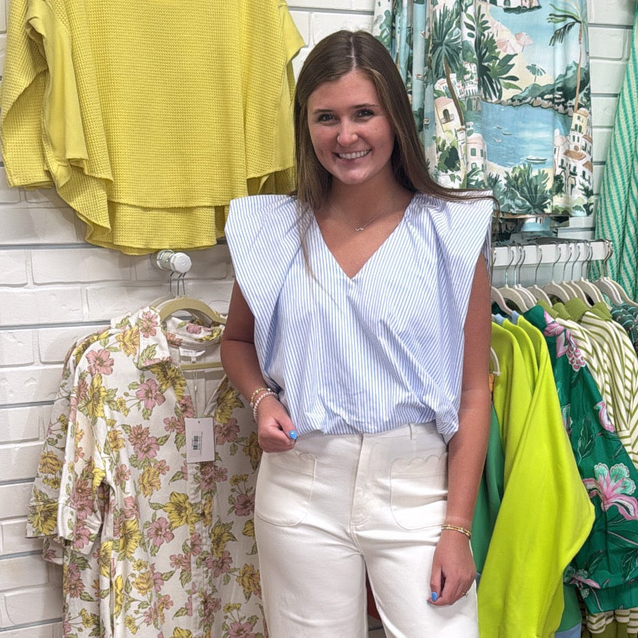 BLUE STRIPE BUBBLE POPLIN TOP