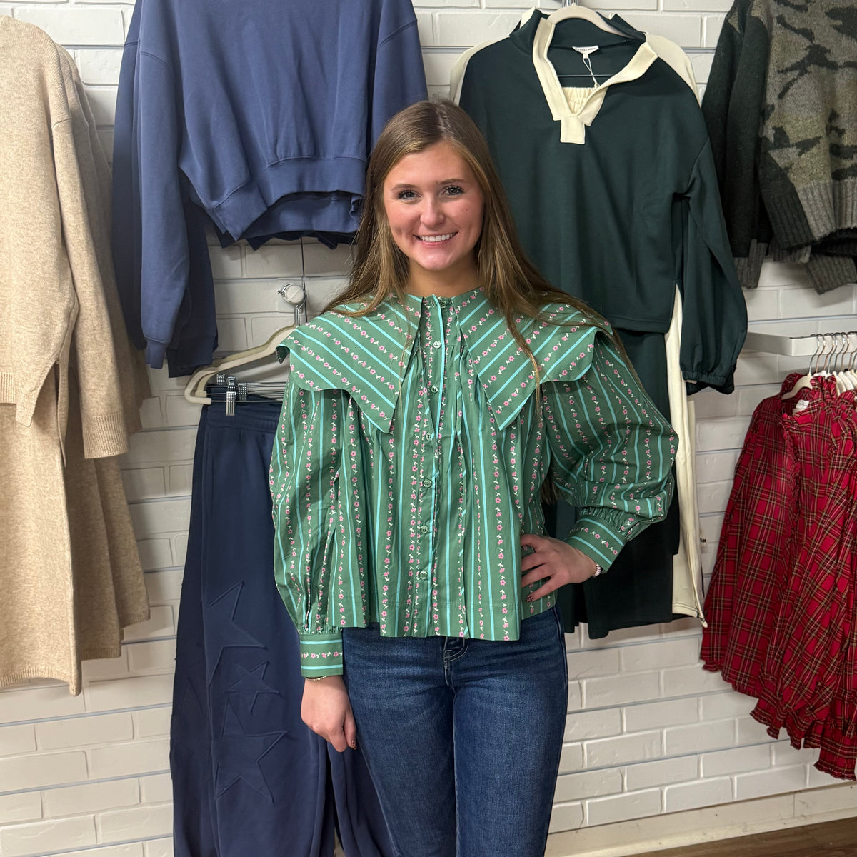 GREEN FLORAL DITZY STRIPE PETER PAN TOP