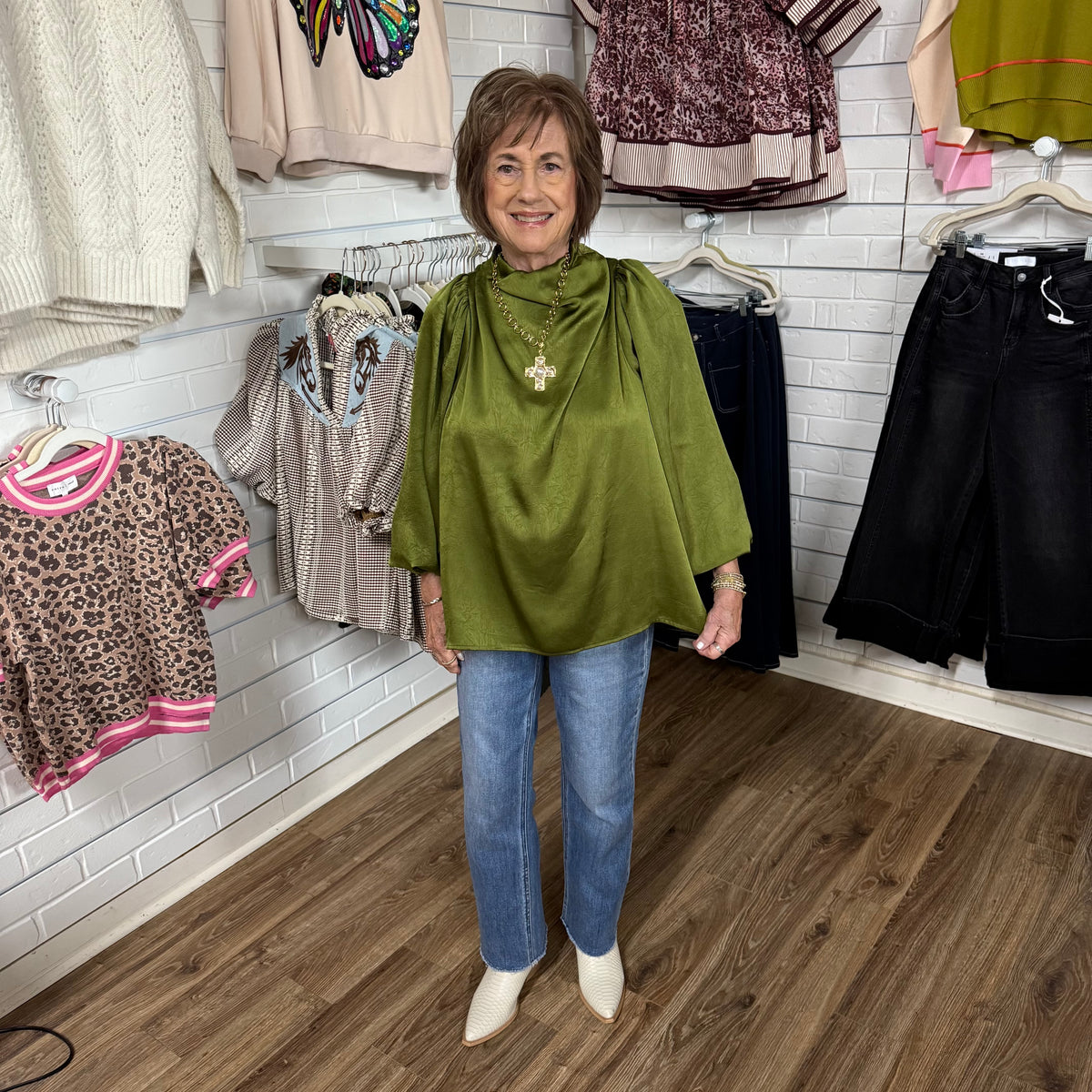 OLIVE DRAPED MOCK NECK TOP
