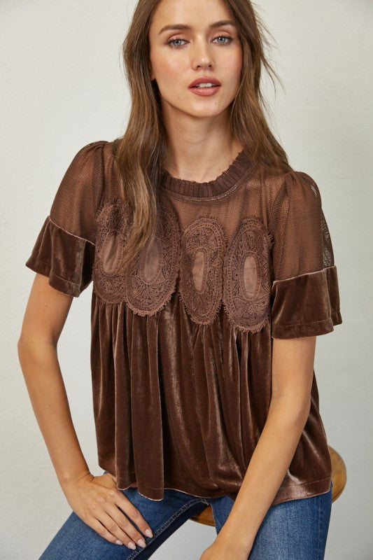 BROWN VELVET LACE BABYDOLL TOP