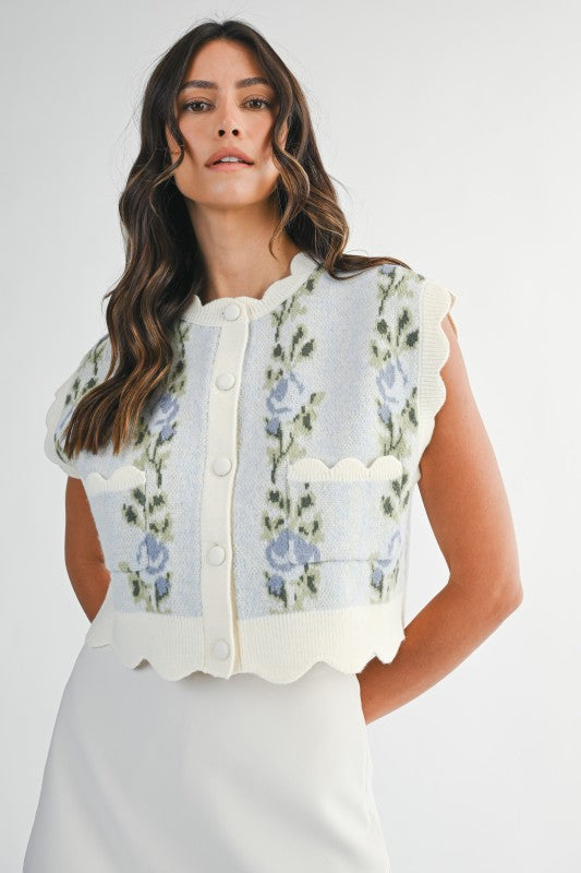 BLUE FLORAL JACQUARD SCALLOP VEST SWEATER TOP