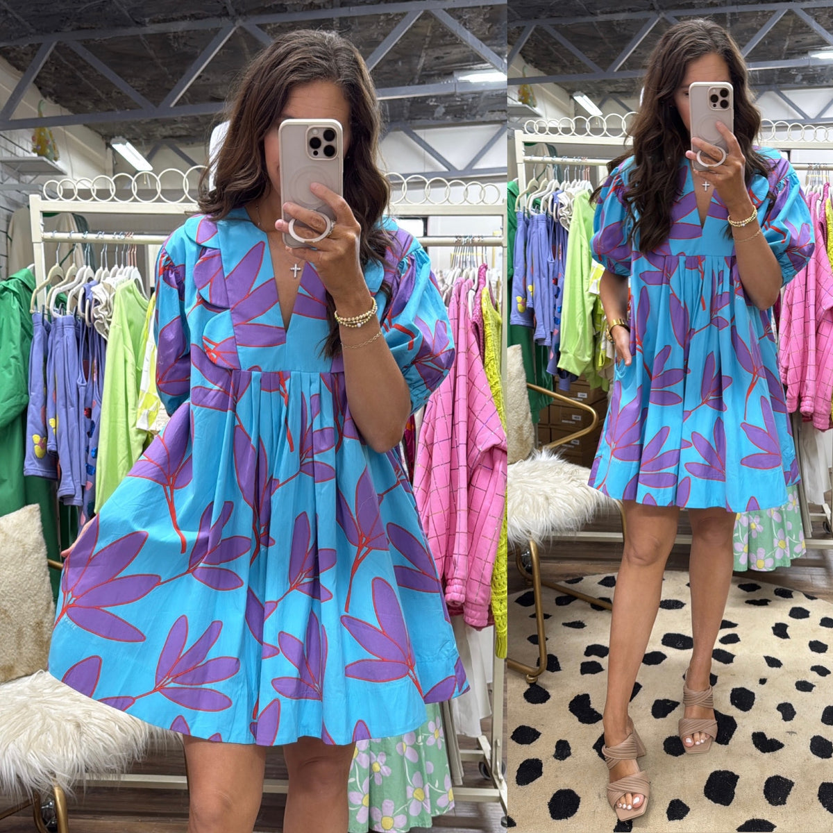 TURQUOISE ABSTRACT LEAF SCALLOP DRESS