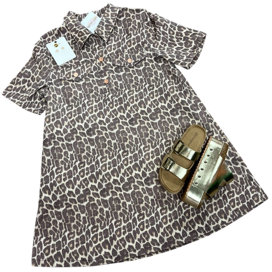 TAN LEOPARD DENIM POCKET DRESS