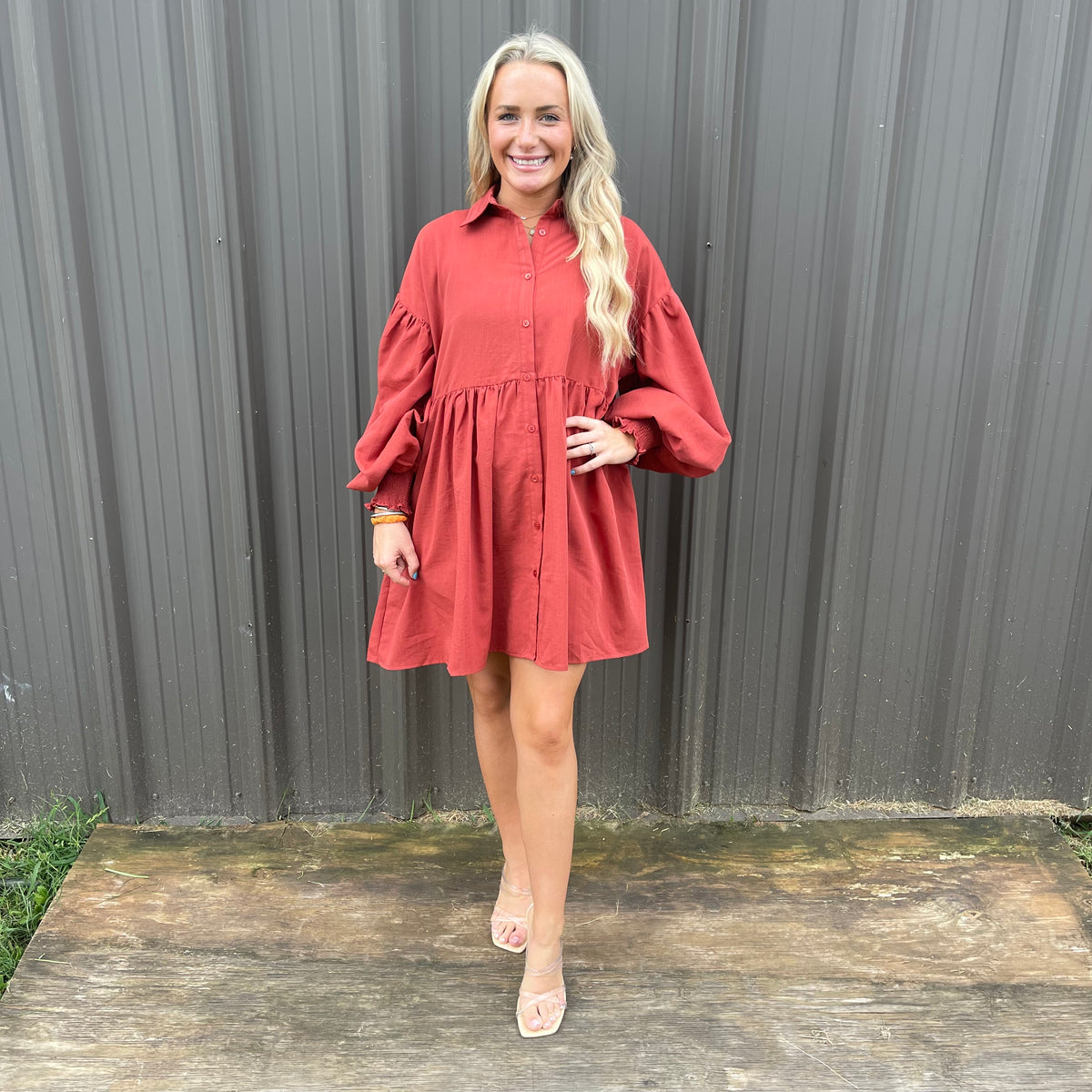 RUST TEXTURE COLLARED BUTTON DRESS