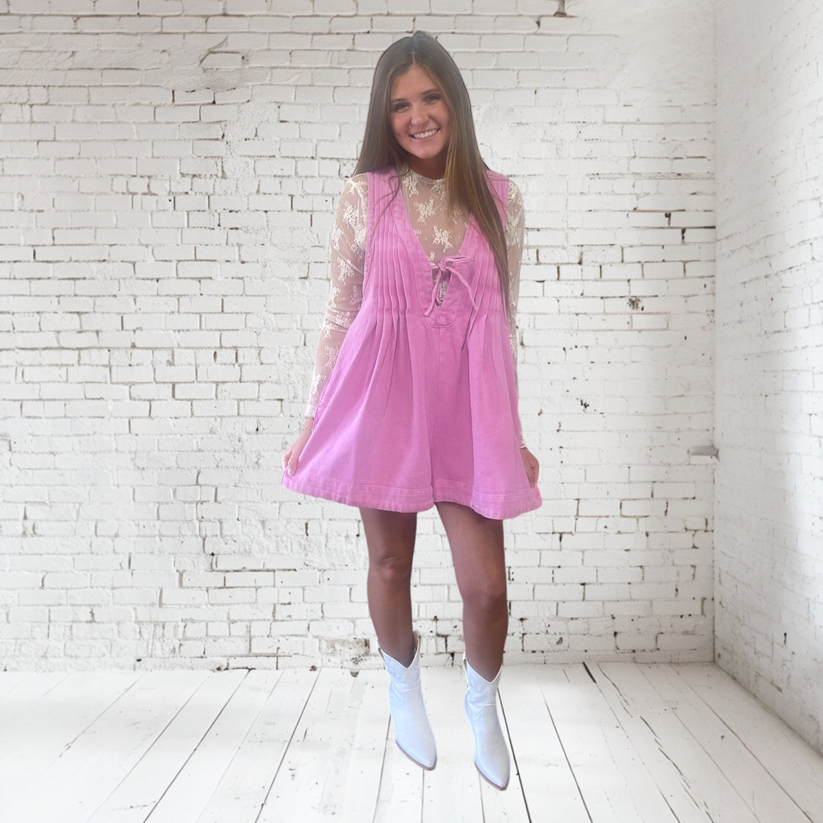 PLEATED PINK DENIM ROMPER