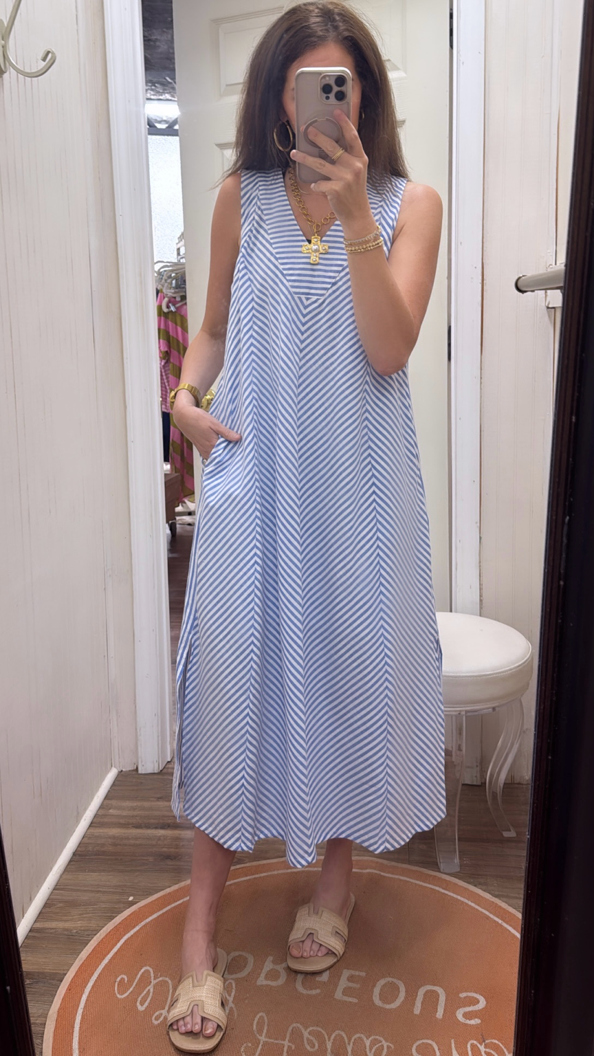 BLUE CHEVRON STRIPE MIDI DRESS