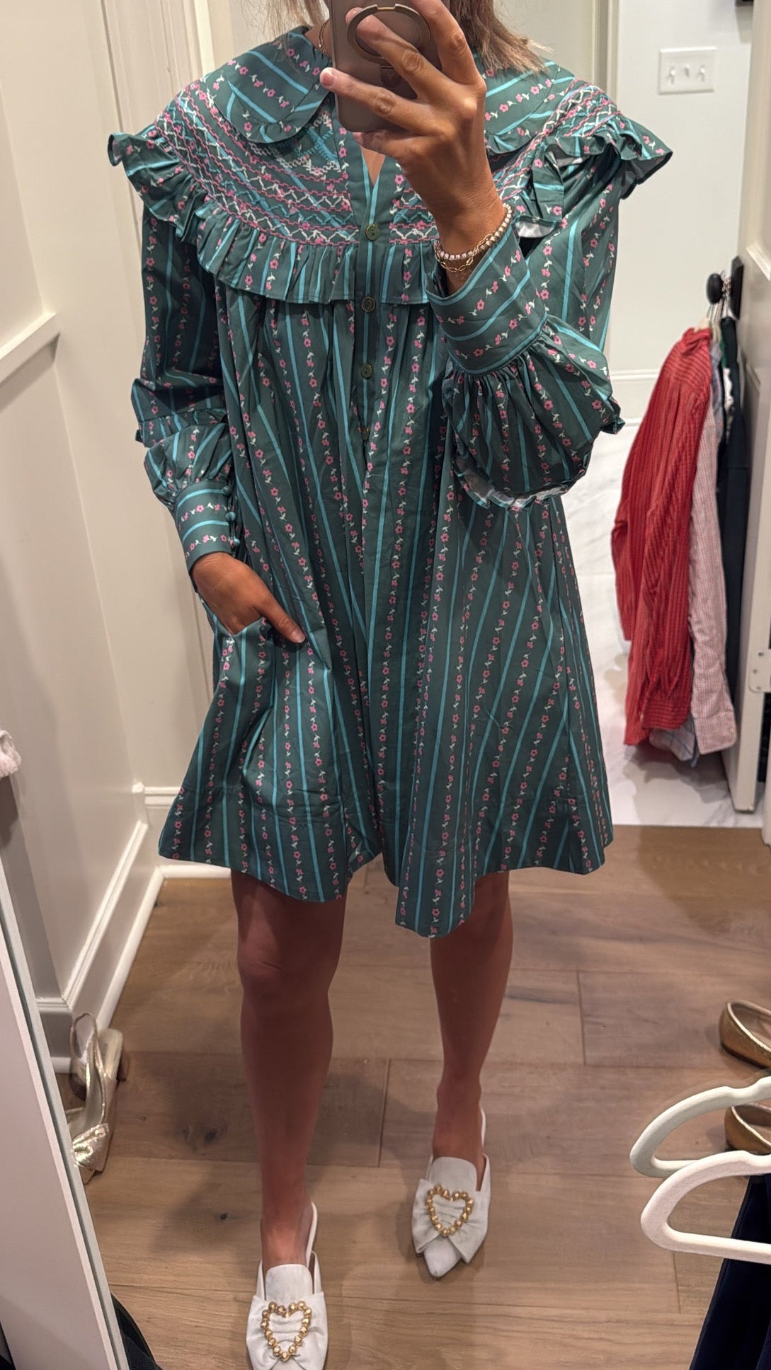 GREEN FLORAL STRIPE PETER PAN DRESS