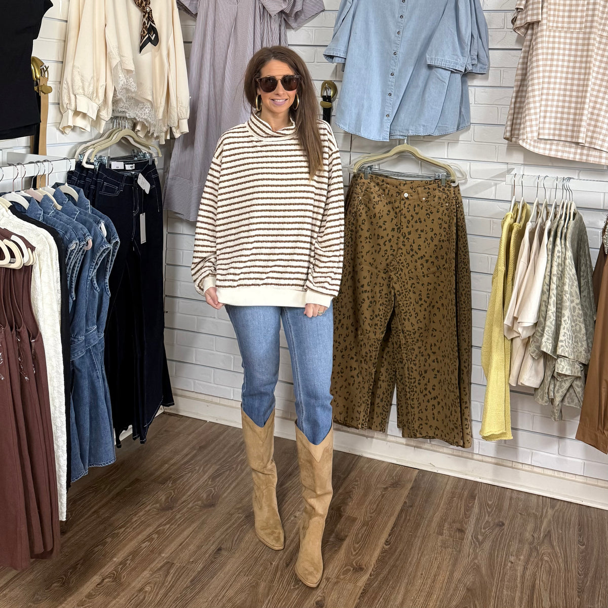 MOCHA STRIPE MOCK NECK TOP