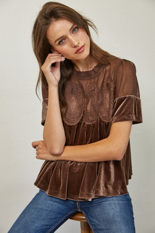 BROWN VELVET LACE BABYDOLL TOP