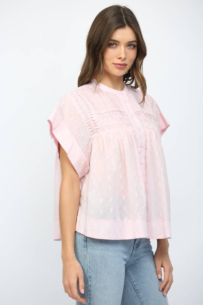 BLUSH RUFFLED BUTTON UP TOP