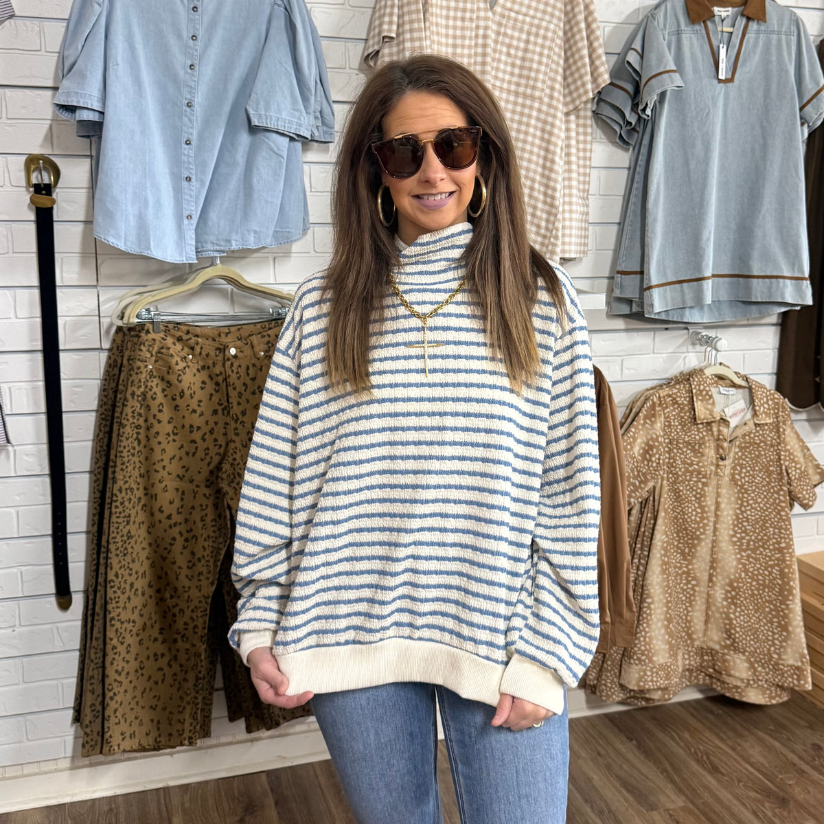 DENIM STRIPE MOCK NECK TOP