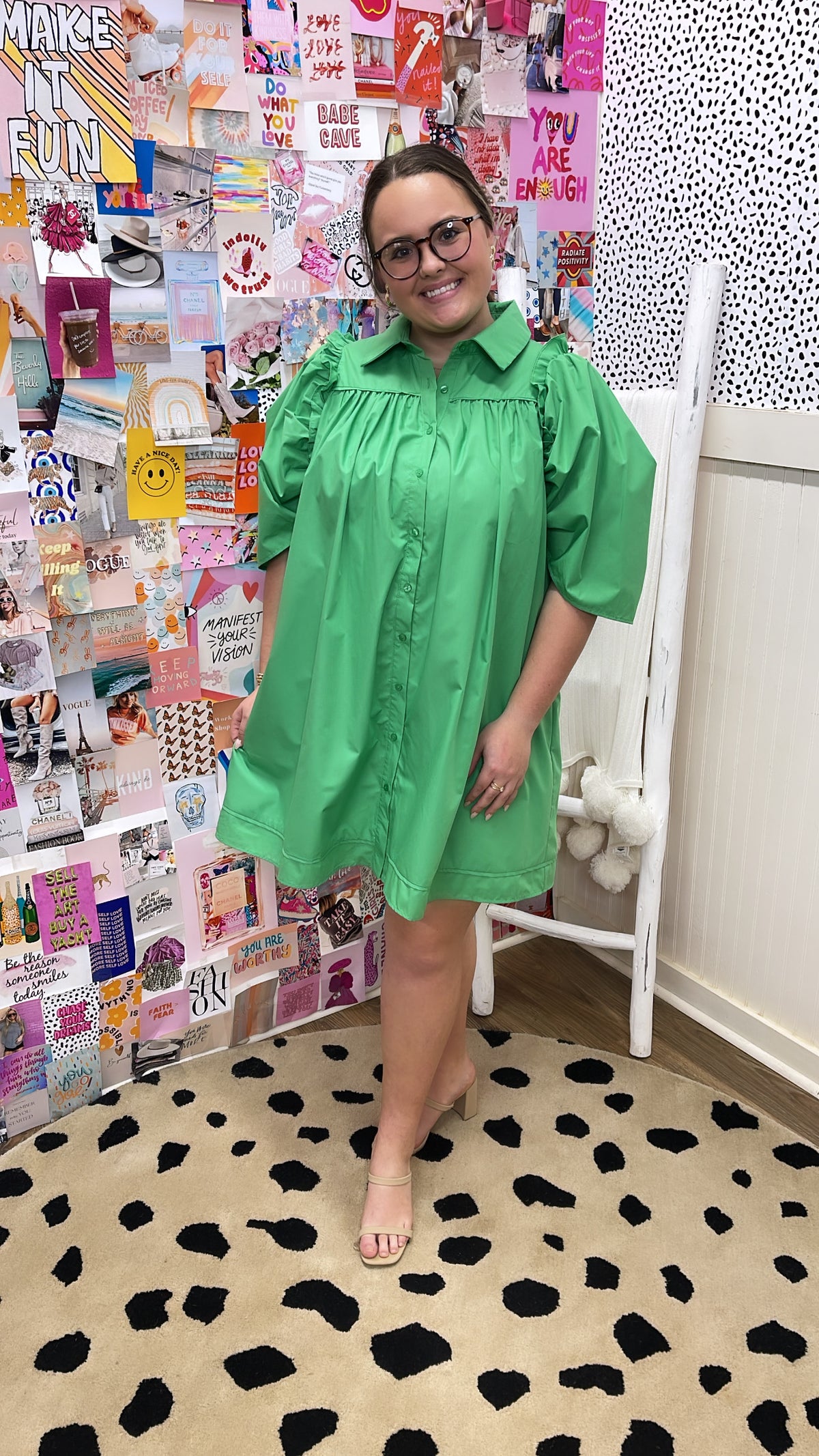 GREEN RUFFLE COLLARED POPLIN DRESS