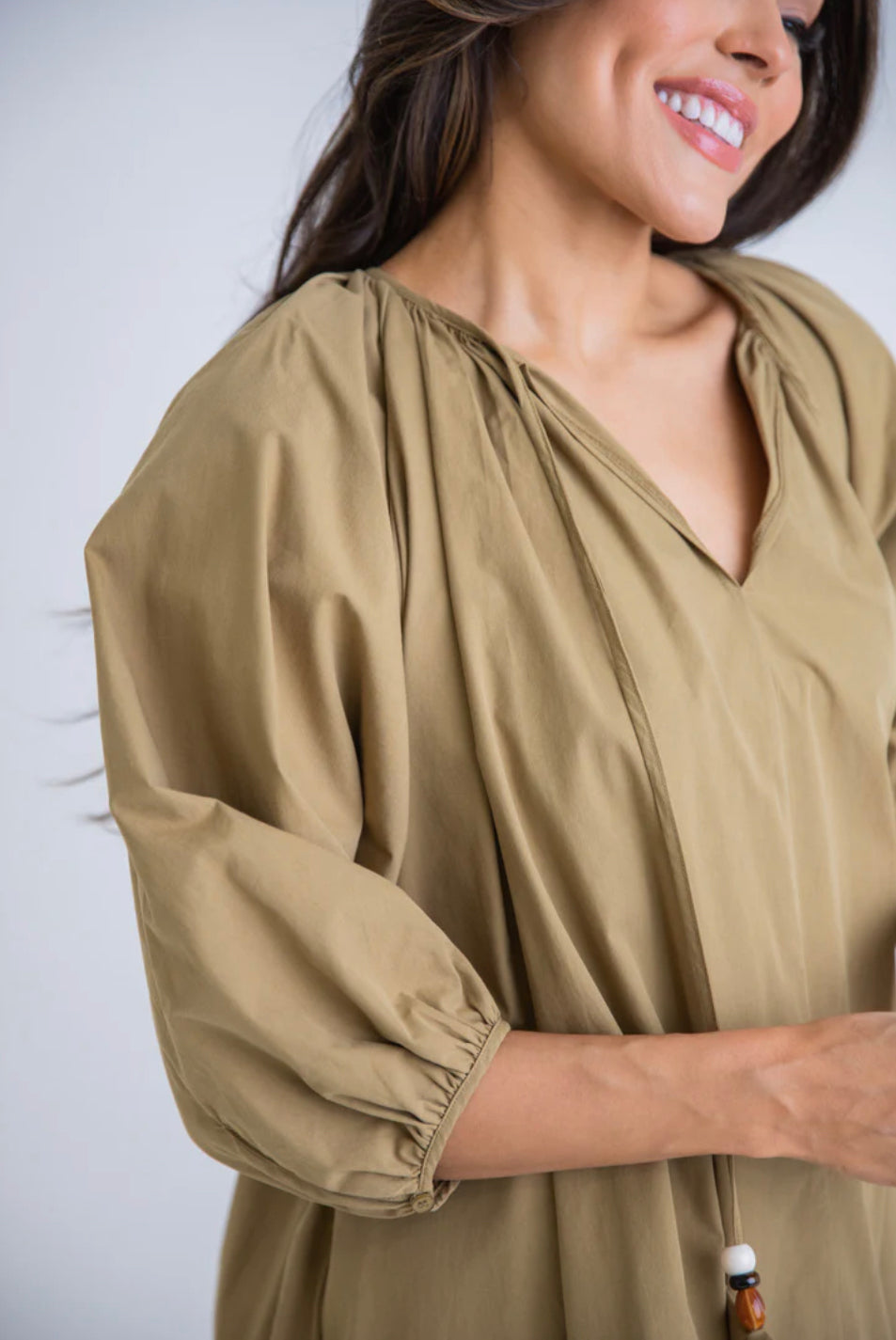 OLIVE VNECK POPLIN SWING DRESS